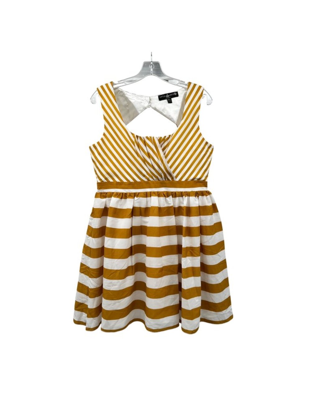 Little Mistress Striped Fit & Flare Dress Sleeveless Mustard/White Keyhole 10